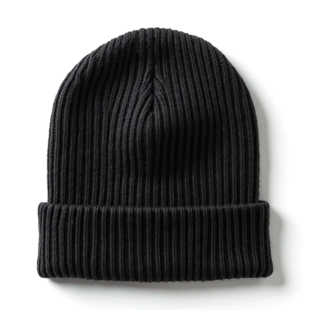 Charcoal grey ribbed merino wool beanie displayed on white background with cuff folded down showing full shape