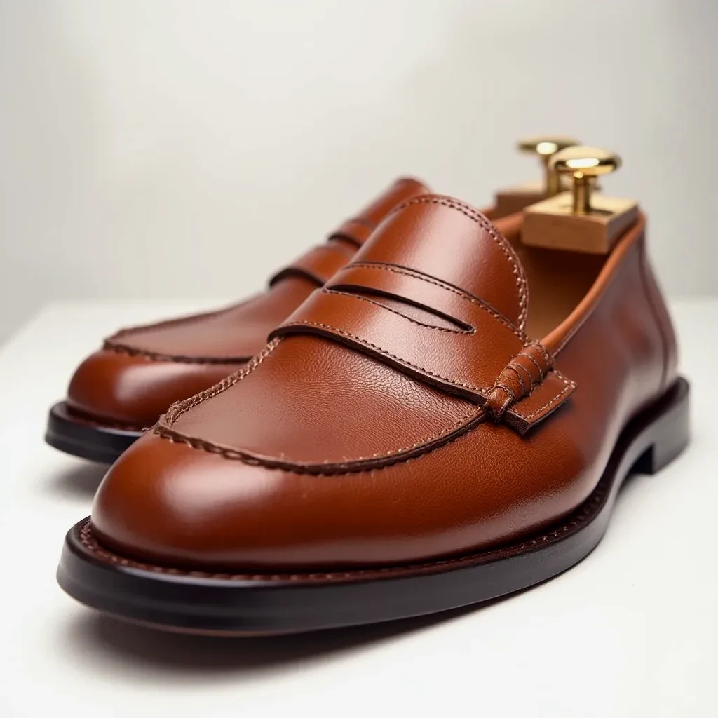 Detail view of cognac leather loafer showing the penny strap stitching and premium full-grain leather texture