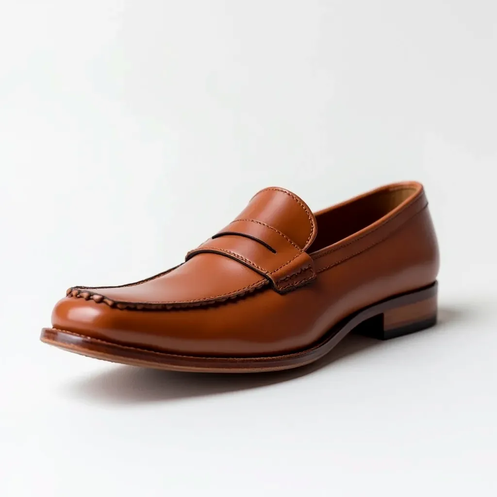 Cognac brown leather loafer shown from front three-quarter angle with visible penny strap and stitching detail