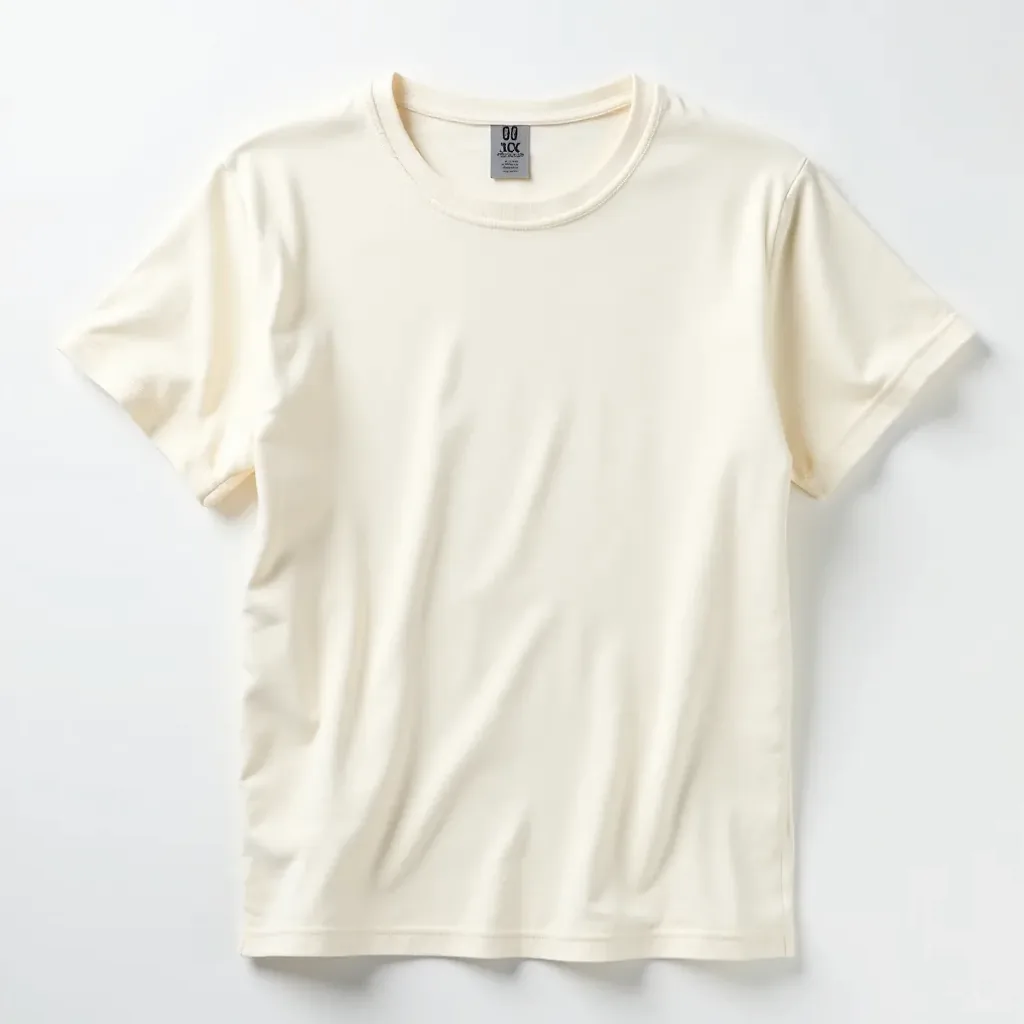 Cream-colored crew neck t-shirt laid flat showing neckline detail and natural linen-cotton blend fabric texture