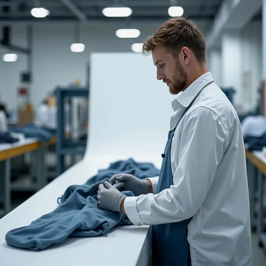 European factory worker quality checking finished charcoal joggers on production line with bright studio lighting