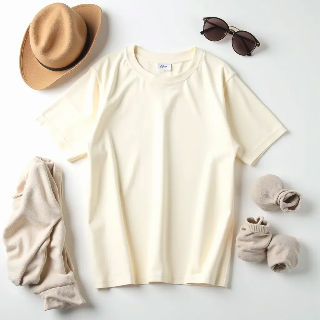 Cream crew neck t-shirt styled with casual layering and neutral earth-tone accessories showing versatile everyday wear options