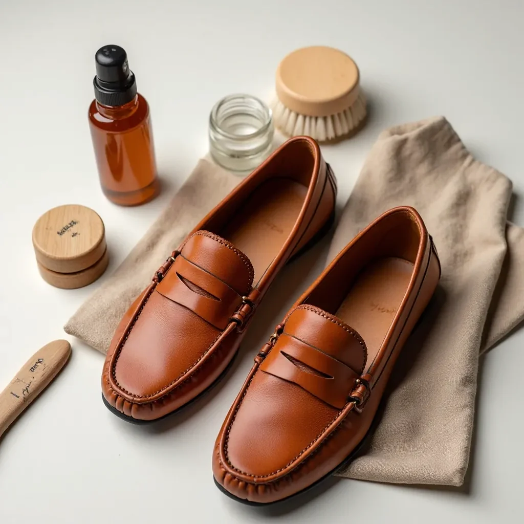 Cognac loafer paired with care products including soft brush, leather conditioner, and cloth on wooden surface