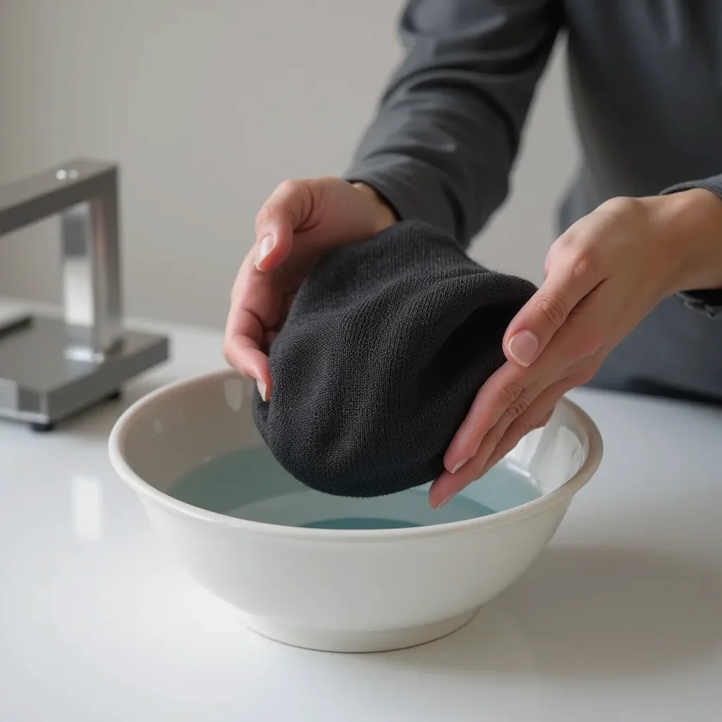 Hands gently washing a charcoal beanie in a basin of cool water with care instructions visible