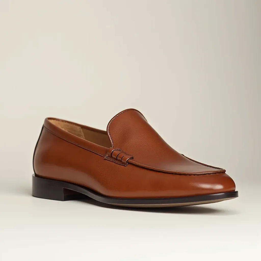 Cognac loafer positioned to show the reinforced heel counter, sole construction, and interior unlined leather