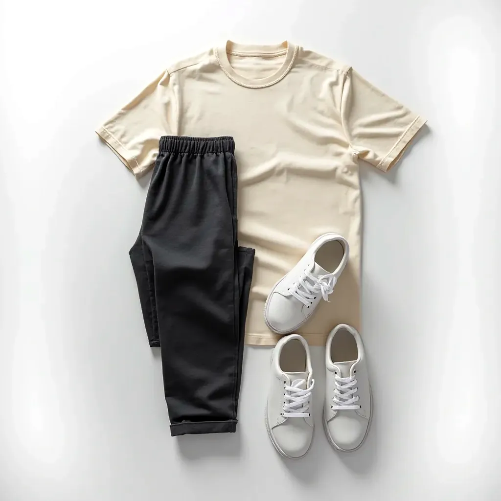 Styled flat lay showing charcoal joggers paired with cream crew neck tee and white sneakers on neutral background
